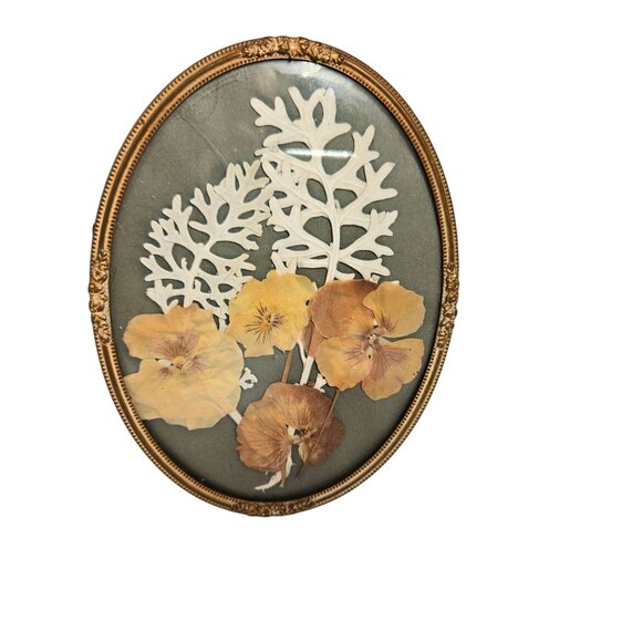 Antique Pressed Dried Flower Wall Hanging or Tabletop Brass Frame Denmark - Picture 1 of 6